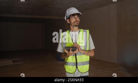 Young hispanic man wearing high-visibility vest and white hard hat using a tablet at a construction site Stock Photo