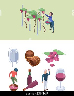 Wine production. Vineyard people working winery processes technology grapes drink bottling big barrels vector isometric set. Alcohol drink in glass, vineyard winery, wine production illustration. Wine production. Vineyard people working winery processes technology grapes drink bottling machines big barrels vector isometric set Stock Vector