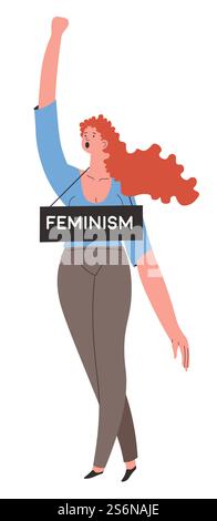Woman showing placard and protesting for gender equality, isolated female character with banner. Energetic girl shouting, fighting for equal rights. Lady with banner and inscription, vector in flat. Feminism movement supporter with placard protesting, woman with banner Stock Vector