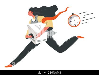 Food delivery in time, female character running with box containing meal for client. Ticking clock and express distribution of dishes for customers. Takeaway products, restaurant vector in flat style. Quick food delivery, courier running with box Stock Vector