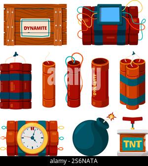 Dynamite sticks. Risk dangerous items bomb with clock alarm and timer detonator explosion burn vector cartoon pictures set. Dynamite explosive, dangerous destruction detonation tnt illustration. Dynamite sticks. Risk dangerous items bomb with clock alarm and timer detonator explosion burn vector cartoon pictures set Stock Vector