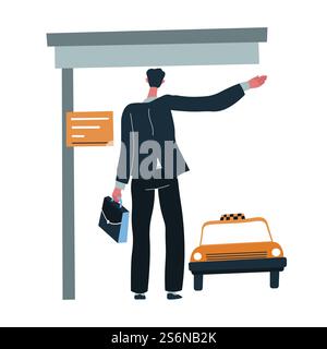 Male character in business suit catching taxi, man stopping cab with hand. Commuting to work or home. Businessman standing on stop for transport, urban lifestyle and daily routine, vector in flat. Businessman catching taxi, man commuting to or from work Stock Vector