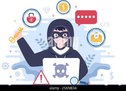 Hacker Using Computer Server to Activity Hacked Database, Network Storage, Social Account, Credit Card or Security. Background Vector Illustration Stock Vector