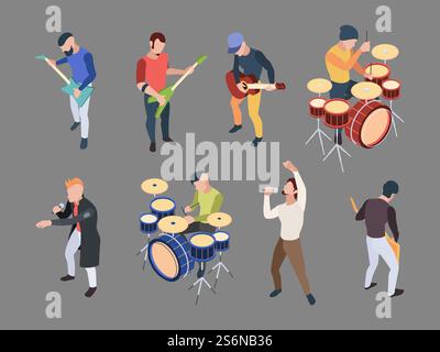 Music band. Isometric characters musicians singers with microphone rock band music instruments vector people illustrations. Character musical band, music rock isometric. Music band. Isometric characters musicians singers with microphone rock band music instruments vector people illustrations Stock Vector