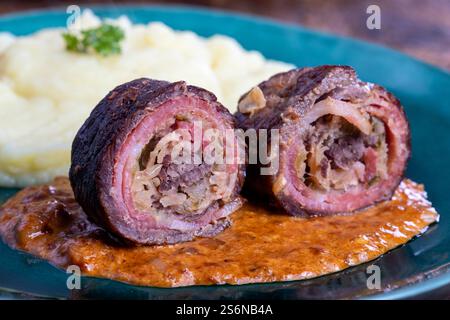 German meat roulade with mashed potatoes Stock Photo