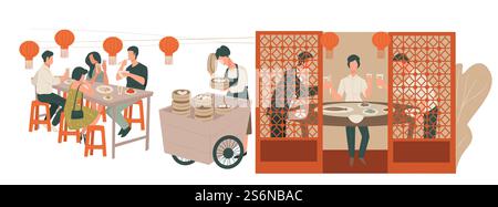 Friends eating and drinking beverages at chinese restaurant. Partners on meeting trying asian cuisine in isolated room. Street seller with traditional dim sum dumplings, selling food, vector in flat. People eating and talking in chinese restaurant vector Stock Vector