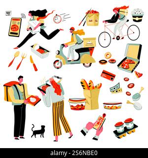 Delivering ordered food in time, deliveryman and client. Pizza and baguette, sushi and hot coffee beverage, noodles and lunchbox. Courier on moped or bicycle, phone application vector in flat style. Quick food delivery in time, deliveryman with meal Stock Vector