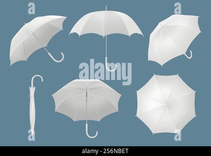 Blank 3d umbrella. Waterproof protected rain umbrella vector realistic template. Realistic umbrella with handle for bad weather illustration. Blank 3d umbrella. Waterproof protected rain umbrella vector realistic template Stock Vector