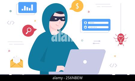 Hacker Using Computer Server to Activity Hacked Database, Network Storage, Social Account, Credit Card or Security. Background Vector Illustration Stock Vector