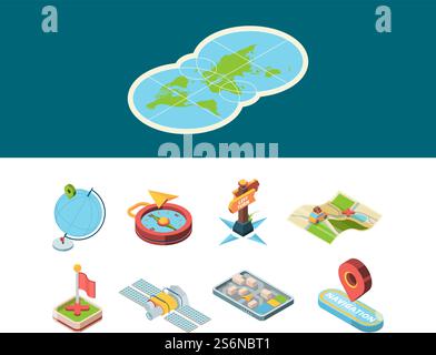 Navigation isometric icon. Map road smart navigator and sign route direction boards compass and navigation methods vector set. Isometric web location, marker 3d destination illustration. Navigation isometric icon. Map road smart navigator and sign route direction boards compass and navigation methods vector set Stock Vector