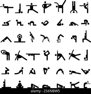 Yoga stick people. Sport exercises flexible person different basic yoga poses symbols vector silhouettes of simple figures characters. Yoga exercise, sport body fitness icons illustration. Yoga stick people. Sport exercises flexible person different basic yoga poses symbols vector silhouettes of simple figures characters Stock Vector