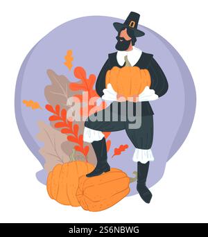Autumn holiday in us, thanksgiving celebration. Pilgrim male character holding harvested pumpkin in hands. Man wearing old fashioned clothes, personage in vintage clothing. Vector in flat style. Thanksgiving holiday, pilgrim wearing hat holding pumpkin autumn season Stock Vector