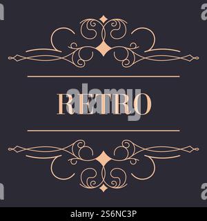 Golden retro logotype with swirly wavy lines and flower ornaments. Isolated icon of logo of luxurious vintage brand, sticker for production or packages. Decorative emblem, vector in flat style. Retro ornamental logotype with line and swirls vector Stock Vector