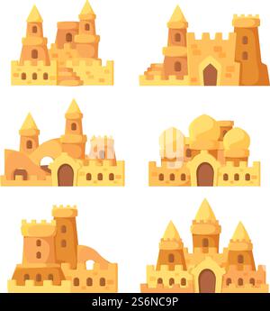 Sandcastles. Fairytale summer buildings on seaside shovel and bucket for sand builders vector set. Illustration tower house fairytale, summertime fortress. Sandcastles. Fairytale summer buildings on seaside shovel and bucket for sand builders vector set Stock Vector