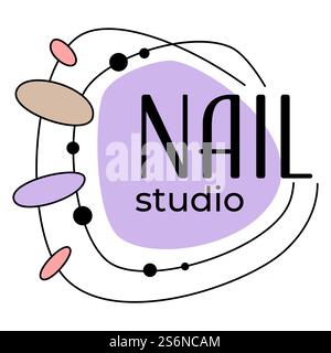 Fingernail care and treatment of specialist or master. Isolated logotype or emblem of nail studio or salon. Manicurist and pedicurist services. Cosmetics procedures for females. Vector in flat style. Nail studio emblem with color designs samples Stock Vector