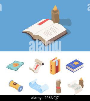 Vintage books isometric. Fantasy magic papers fairytale books for computer game medieval maps vector set. Illustration parchment or papyrus, book and document. Vintage books isometric. Fantasy magic papers fairytale books for computer game medieval maps vector set Stock Vector