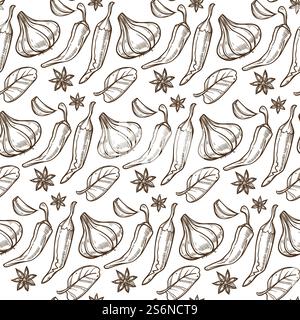 Garlic cloves, hot chili pepper, anise and leaves seamless pattern. Spices and herbs for preparing food, spicy dishes condiments. Organic addition. Monochrome sketch outline, vector in flat style. Chilli pepper, anise and garlic, herbs seamless pattern Stock Vector