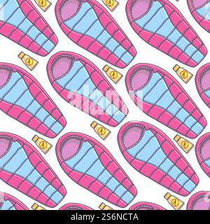 Traveling kit for camping and traveling. Seamless pattern of sleeping bag and anti mosquito repellent in tube. Individual skin care treatment, personal belongings for trip and journeys vector. Sleeping bag and anti mosquito repellent seamless pattern Stock Vector