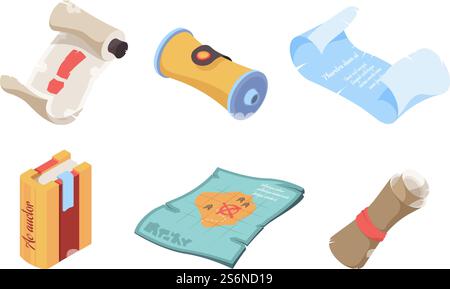 Ancient books isometric. Magic spell papers for game ui fantasy old map and books with ribbons vector collection. Illustration antique and ancient paper, old classical spellbook. Ancient books isometric. Magic spell papers for game ui fantasy old map and books with ribbons vector collection Stock Vector