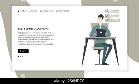 Business solutions and solving problems at workplace. Project manager with completed tasks, organization and company staff productivity. Website or webpage template, landing page flat style vector. Best business solution, solving problems and issues website Stock Vector