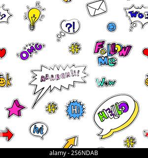 Stickers and icons, phrases and slang words used in social media, seamless pattern. Envelope letter and glowing bulb, question mark and heart, arrow and smiling face. Star and chat box vector. Social media slang and signs, icons and emoji stickers Stock Vector