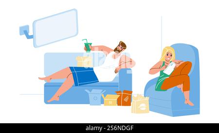 Lazy Man And Woman Resting Together Home Vector. Lazy Guy Sitting On Sofa, Eating Fast Food And Watching Tv, Girl Sit In Armchair And Using Smartphone. Characters Enjoyment Flat Cartoon Illustration. Lazy Man And Woman Resting Together Home Vector Stock Vector