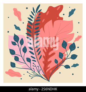 Shrubs with red leaves, blooming flowers and lush foliage. Growth of botany, decorative ornaments of frond. Twigs and branches of bushes, herbal creeper, landscape design. Vector in flat style. Decorative foliage and flora, blooming flowers and leaves Stock Vector
