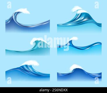 Ocean waves. Water liquid surfaces with transparent foam horizontal waves flow vector illustrations. Illustration sea wave water, aqua splash flowing, ocean surface. Ocean waves. Water liquid surfaces with transparent foam horizontal waves flow vector illustrations Stock Vector