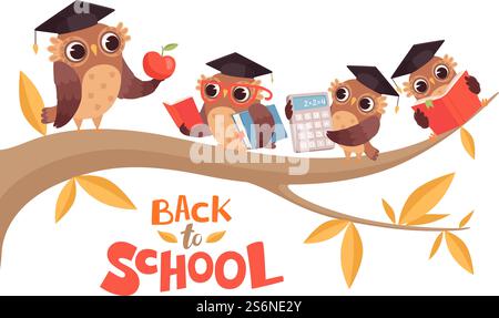 Back to school. Cute cartoon baby owls and teacher on tree branch vector illustration. Education school owl, teacher bird cartoon. Back to school. Cute cartoon baby owls and teacher on tree branch vector illustration Stock Vector