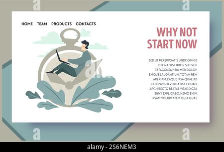 Time management and productivity booster, procrastination overcome. Male working with laptop coping with deadlines. Strategy and planning. Website or webpage template, landing page flat style vector. Why not start now, time management and procrastination Stock Vector