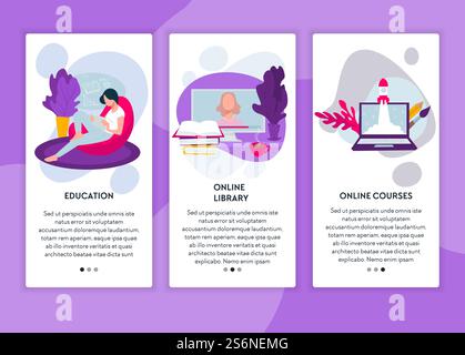 Education courses for students and pupils, online library base for learning and studying disciplines. Obtaining knowledge and new skills. Website or webpage template, landing page flat style vector. Online education with courses and library base web Stock Vector