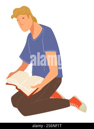 Male character enchanted by reading, student or adult person exploring literature and looking for information in textbook. Man sitting on floor turning pages of publication .Vector in flat style. Student or adult reading book sitting on floor Stock Vector