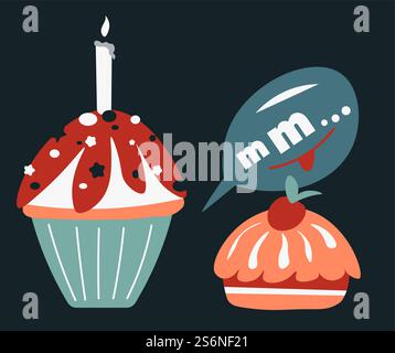 Christmas holidays celebration, food for dinner table. Birthday cake with lit candle, glazed cupcake with strawberry and frosting. Delicious food for festive events in winter, vector in flat. Birthday cake with candle, christmas holiday celebration vector Stock Vector