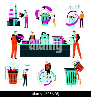 Factory working on waste recycling, process of separation, sorting and shredding of paper. Reusing materials for ecological purposes. Disposable and conservation of nature, vector in flat style. Recycling process, waste separation and reducing pollution on planet Stock Vector