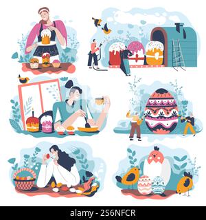 People preparing for easter holiday in spring. Woman baking cakes and painting eggs with geometric ornaments. Homemade dishes for celebration of sacred event for christians. Vector in flat style. Easter holiday preparation baking and painting egg Stock Vector