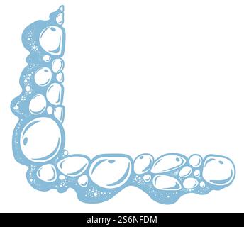 Bubbly water left bottom corner frame or border, isolated icon of abstract froth or foam. Hygiene and washing, cleaning concept. Laundry or bathroom bubbles. Blue soap suds, vector in flat style. Foamy water with bubble, left bottom corner frame Stock Vector