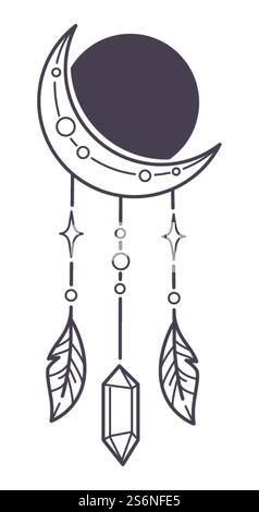 Bohemian talisman or magical amulet, dreamcatcher made of crescent moon and sun, crystal stone and feathers hanging on thread. Occult and mystic symbol. Colorless line art, vector in flat style. Magical talisman or amulet, dream catcher moon Stock Vector