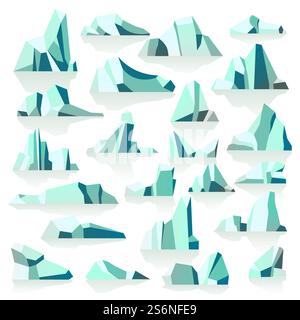 Antarctic or polar icebergs underwater of cold oceans, submerged icy peaks with shadow and reflection. Melting masses of show, ecological changes and global warming danger, vector in flat style. Iceberg with reflection or shade, icy peaks vector Stock Vector