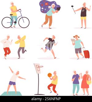 Old people with gadgets. Elderly lifestyle making selfie smartphone various activities vector cartoon set. Elderly man and grandmother with gadget illustration. Old people with gadgets. Elderly lifestyle making selfie smartphone various activities vector cartoon set Stock Vector