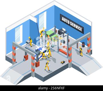Car washing. Auto service repair and cleaning service mechanic workers in garage interior vector isometric cars and people. Illustration car wash service, garage workshop for automobile. Car washing. Auto service repair and cleaning service mechanic workers in garage interior vector isometric cars and people Stock Vector