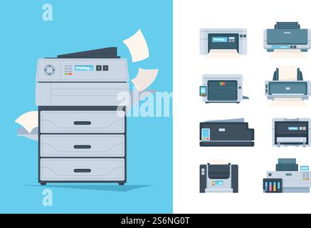 Copy machines. Different printers pc terminal of copying technics components fax printing house gadgets vector flat pictures. Photocopier and publishing photocopy, colorful ink-jet illustration. Copy machines. Different printers pc terminal of copying technics components fax printing house gadgets vector flat pictures Stock Vector