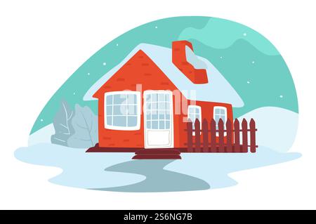 Countryside or village building with fence and orchard. House covered with snow, winter landscape of peaceful rural area. Traditional architecture of construction, exterior of dwelling, vector. Building in winter, house covered with snow vector Stock Vector