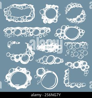Foam and bubbles of soapy water, copy space banners. Bubbly cosmetic products, hygiene or cleaning. Washing or foaming, isolated set of mousse, squares and rounded shapes, vector in flat style. Bubbly foam, soapy water with copy space vector Stock Vector