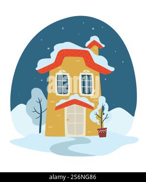 Rooftop of house covered with snow, winter landscape of rural area. Calm scene of cottage or chalet. Architecture of building in countryside. Mansion with decorative plant in pot, vector in flat style. Winter landscape at night, house covered with snow Stock Vector