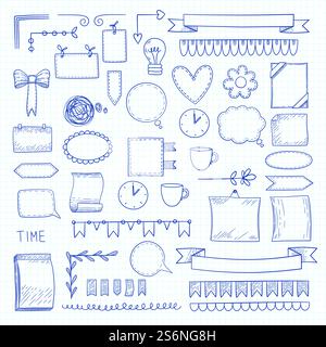 Diary doodle notes. Hand drawn graphic shapes frames for notebook daily bullet journal ideas vector labels. Diary notebook, collection scribble sketchbook elements illustration. Diary doodle notes. Hand drawn graphic shapes frames for notebook daily bullet journal ideas vector labels Stock Vector