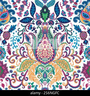 Vivid floral print with swirls and blooming, psychedelic background or textile. Floral motif or ornament used for fabric. Summer or spring lotus flourishing. Seamless pattern, vector in flat style. Psychedelic floral pattern with lotus and flowers Stock Vector