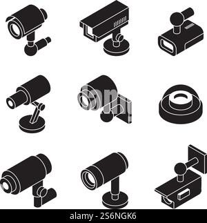 Cctv isometric. Security cameras collection business safe systems multimedia surveillance internet equipment vector symbols. Cctv security, surveillance device, electronic monitoring illustration. Cctv isometric. Security cameras collection business safe systems multimedia surveillance internet equipment vector symbols Stock Vector
