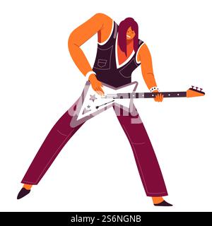 Male character playing electric guitar, isolated musician with string instrument. Performer on rehearsal for concert, live songs or recording. Rocker or metal on music show. Vector in flat style. Guitarist with electric guitar, musician playing string instrument Stock Vector