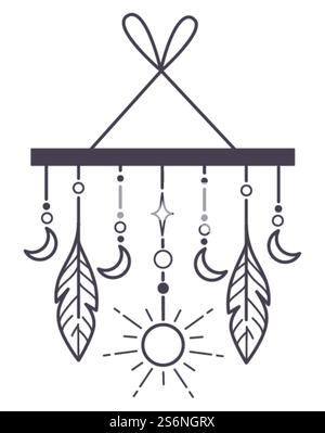 Magical and ethnic amulet or sign for catching dreams. Bohemian talisman with feathers, crescent moon with stars and sun on thread. Occult and witchcraft. Colorless line art, vector in flat style. Dream catcher with feathers and crescent moon Stock Vector