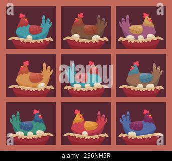 Laying hens. Chicken farm breeding hens birds sitting on shelves and making fresh eggs in farmhouse vector characters. Chicken farm agriculture, laying poultry on eggs illlustration. Laying hens. Chicken farm breeding hens birds sitting on shelves and making fresh eggs in farmhouse vector characters Stock Vector
